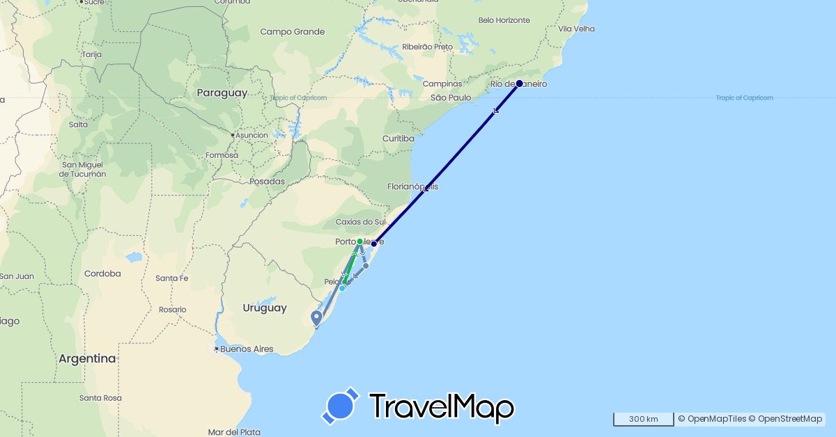 TravelMap itinerary: driving, bus, plane, cycling, boat in Brazil, Uruguay (South America)